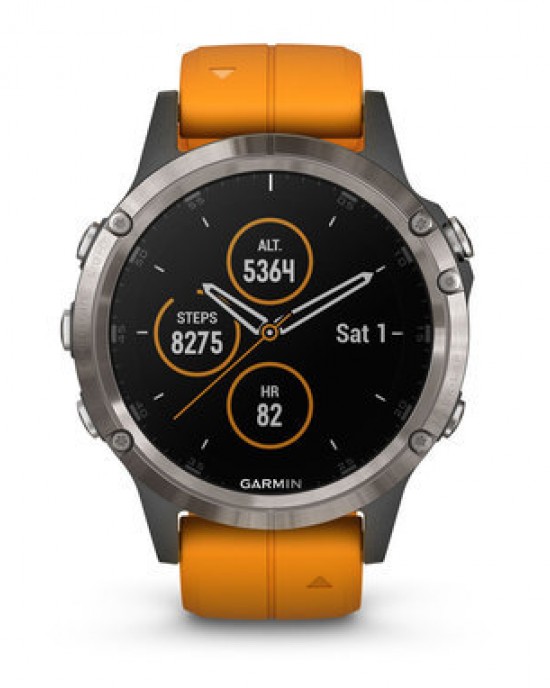 GARMIN FENIX 5 PLUS MET TITANIUM BEZEL SAPPHIRE GLAS EN SOLAR FLAIR ORANJE BAND 100M - 75627 - 010-01988-05