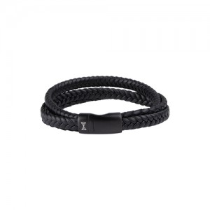 AZE JEWELS LEREN ARMBAND 3 GEVLOCHTEN ZWART LEREN STRENGEN MET ZWART STALEN SLUITING 19.5CM - 80891 - AZ-BL002-D-195