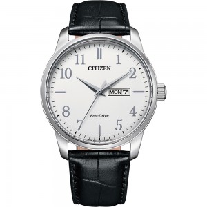 CITIZEN HORLOGE, CORE, ECO DRIVE, ZWART LEREN BAND EN STALEN KAST, WITTE PLAAT MET DAG/DATUM 100M - 81392 - BM8550-14AE