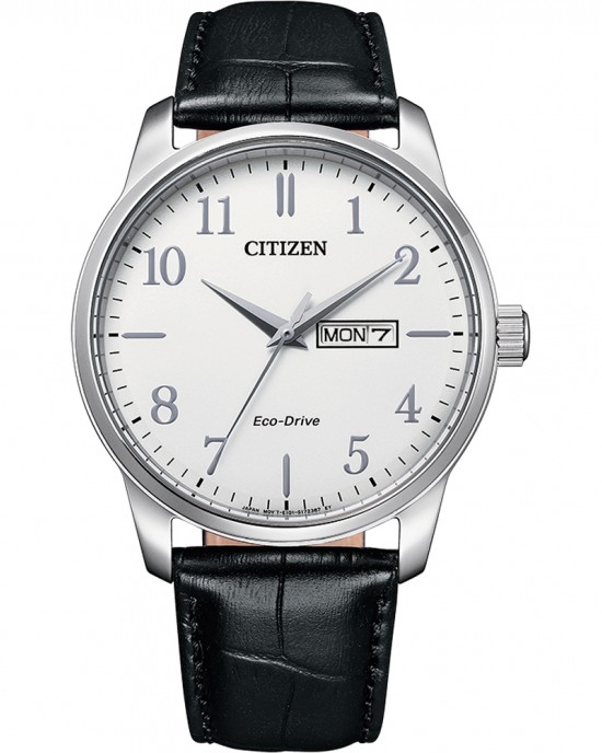 CITIZEN HORLOGE, CORE, ECO DRIVE, ZWART LEREN BAND EN STALEN KAST, WITTE PLAAT MET DAG/DATUM 100M - 81392 - BM8550-14AE