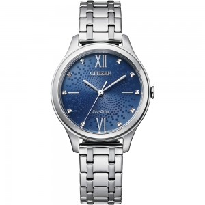 CITIZEN HORLOGE, ELEGANCE, ECO DRIVE, STALEN BAND EN KAST MET BLAUWE PLAAT EN DATUM 50M - 81611 - EM0500-73L