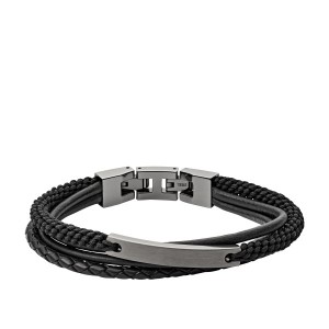 *FOSSIL STALEN  ARMBAND ZWART LEER EN NYLON STRENGEN EN GUNMETAL KLEUR PLAATJE - 77636 - JF03185793