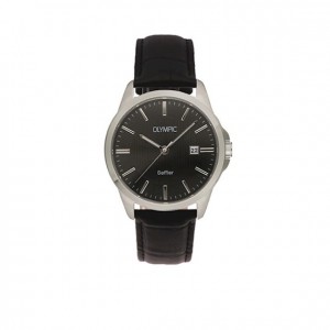 OLYMPIC HORLOGE, BARI, BRUIN LEREN BAND STALEN KAST, GRIJZE PLAAT MET DATUM, SAFFIERGLAS 100M - 78891 - OL26HSL067