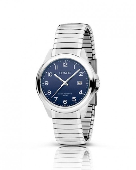 OLYMPIC HORLOGE "CHARLIE" STALEN REKBAND EN KAST, BLAUWE PLAAT MET CIJFER EN DATUM 100M - 80729 - OL26HSS308