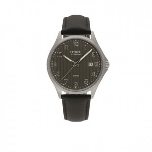 OLYMPIC HORLOGE, FERRARA, ZWART LEREN BAND TITANIUM  KAST MET BESCHERMDE KROON, GRIJZE PLAAT MET CIJFERS EN DATUM 100M - 78901 - OL26HTL211