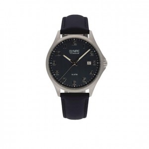OLYMPIC HORLOGE, FERRARA, BLAUW LEREN BAND TITANIUM  KAST MET BESCHERMDE KROON, BLAUWE PLAAT MET CIJFERS EN DATUM 100M - 78932 - OL26HTL213