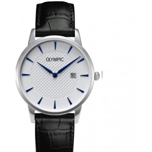 OLYMPIC HORLOGE ZWART LEREN BAND STALEN KAST, WITTE PLAAT MET BLAUWE INDEXENEN DATUM 30M - 78990 - OL66HSL005