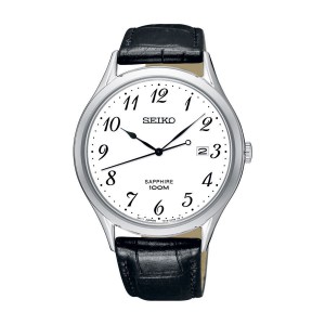 SEIKO HORLOGE BRUIN LEREN BAND STALEN  KAST, WITTE PLAAT MET CJFERS EN DATUM MET SAPPHIRE GLAS 100M - 75004 - SGEH75P1