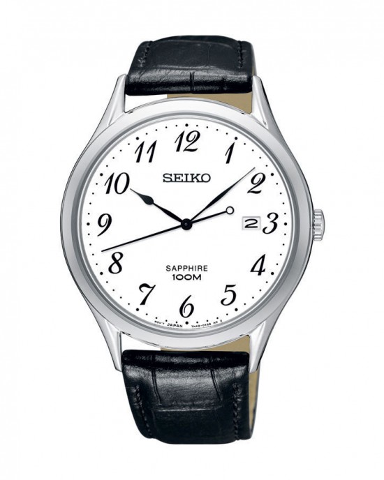 SEIKO HORLOGE BRUIN LEREN BAND STALEN  KAST, WITTE PLAAT MET CJFERS EN DATUM MET SAPPHIRE GLAS 100M - 75004 - SGEH75P1