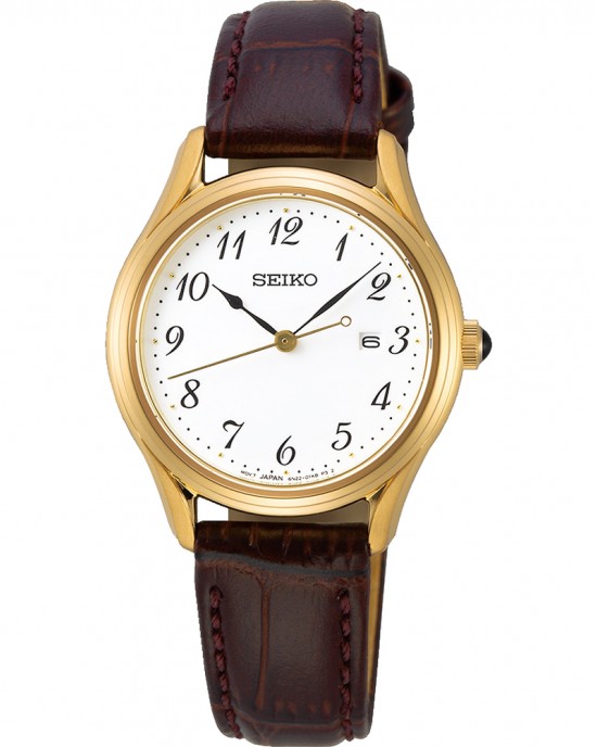 SEIKO HORLOGE BRUIN LEREN BAND EN DOUBLE KAST, WITTE PLAAT MET CIJFERS EN DATUM, SAFFIERGLAS 50M - 80855 - SUR638P1