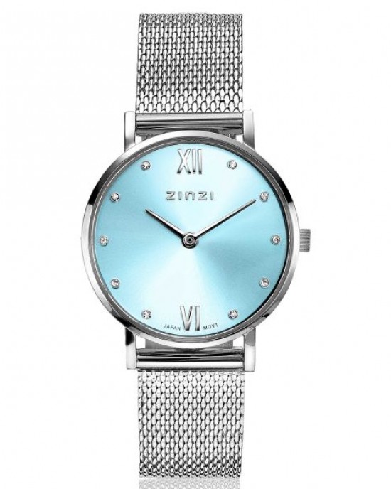 ZINZI HORLOGE "LADY" STALEN MILANEESE BAND EN KAST ICE BLAUWE PLAAT MET ZIRKONIA'S 50M - 79411 - ZIW645M