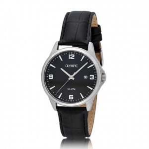 OLYMPIC HORLOGE "GLENN" ZWART LEREN BAND EN STALEN KAST, ZWARTE PLAAT MET CIJFERS EN DATUM 100M - 81101 - ol26hsl079