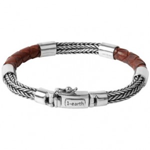 ZILVEREN ARMBAND, 1 EARTH PULSE A, MET GEVLOCHTEN BRUIN LEER 6MM 21CM - 83454 - 32152480-0103