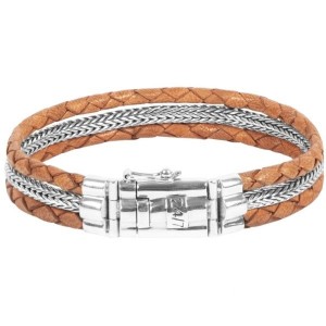 ZILVEREN ARMBAND, 1 EARTH AMSTERDAM, MET GEVLOCHTEN BRUIN LEER EN 2 BANDEN ZILVER 4MM 21CM - 83456 - 32152482-0163
