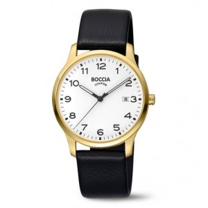 BOCCIA TITANIUM HORLOGE DOUBLE KAST EN ZWART LEREN BAND, WITTE PLAAT MET CIJFERS EN DATUM 50M - 82476 - 3620-08