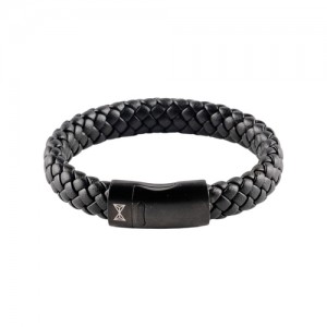 AZE JEWELS JUNIOR LEREN ARMBAND GEVLOCHTEN ZWART LEREN STRENG MET ZWART STALEN SLUITING 15CM - 80922 - AJ-BL402-B-150