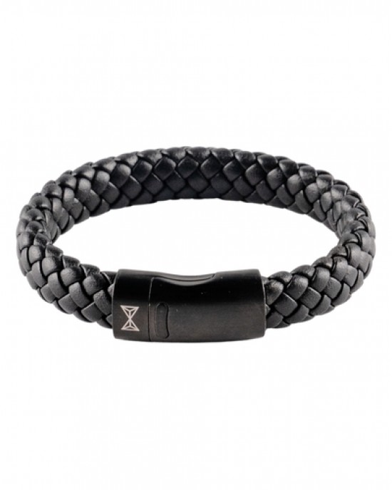 AZE JEWELS JUNIOR LEREN ARMBAND GEVLOCHTEN ZWART LEREN STRENG MET ZWART STALEN SLUITING 15CM - 80922 - AJ-BL402-B-150