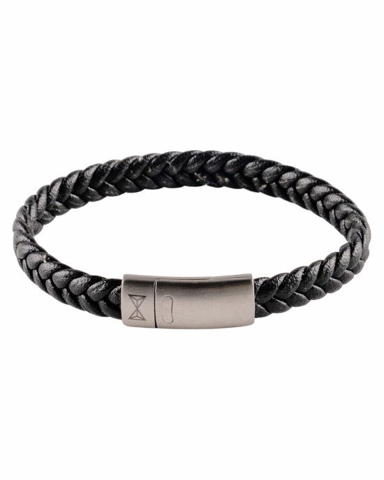 AZE JEWELS JUNIOR LEREN ARMBAND PLAT GEVLOCHTEN ZWART LEREN STRENG MET STALEN SLUITING 16.5CM - 80923 - AJ-BL403-A-165