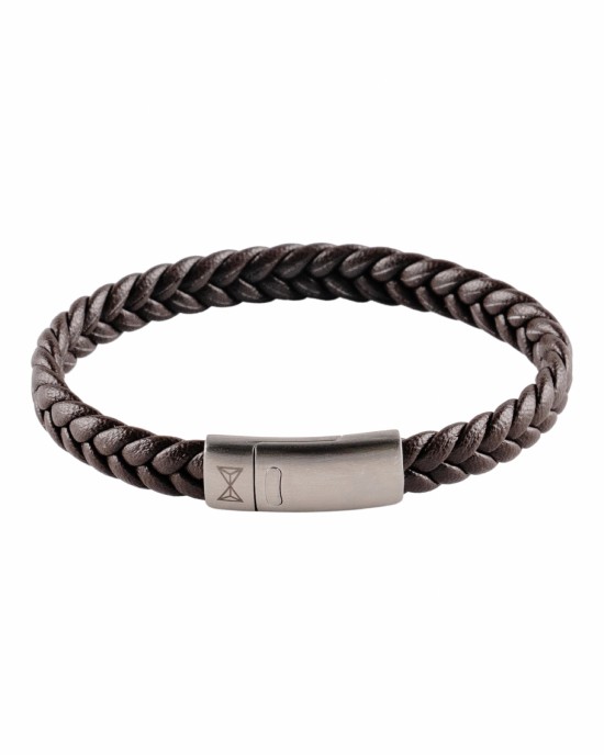 AZE JEWELS JUNIOR LEREN ARMBAND PLAT GEVLOCHTEN BRUIN LEREN STRENG MET STALEN SLUITING 16.5CM - 80924 - AJ-BL403-B-165