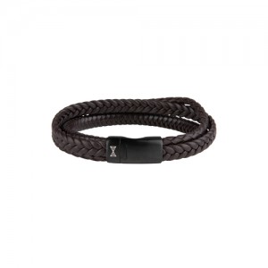 AZE JEWELS LEREN ARMBAND 3 GEVLOCHTEN BRUIN EN ZWART LEREN STRENGEN MET ZWART STALEN SLUITING 22.5CM - 80890 - AZ-BL002-C-225