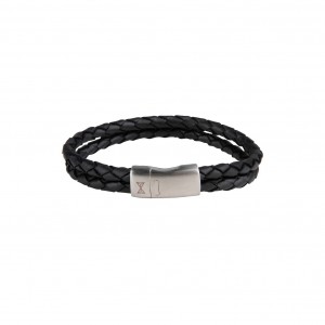 AZE JEWELS LEREN ARMBAND 2 STRENGEN GEVLOCHTEN ZWART LEER MET STALEN SLUITING 21CM - 82865 - AZ-BL006-A-210