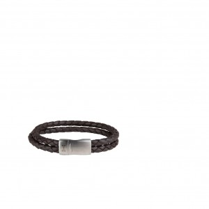 AZE JEWELS LEREN ARMBAND 2 STRENGEN GEVLOCHTEN BRUIN LEER MET STALEN SLUITING 21CM - 82866 - AZ-BL006-B-210