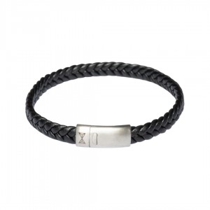 AZE JEWELS LEREN ARMBAND PLAT GEVLOCHTEN ZWART LEREN FLAT STRING MET STALEN SLUITING 19.5CM - 81931 - AZ-BL010-A-195