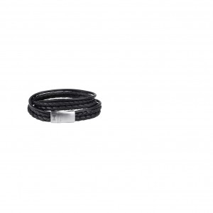 AZE JEWELS LEREN ARMBAND 2 GEVLOCHTEN EN 1 GLAD ZWART LEREN STRENG DIE DUBBEL OM DE POLS GAAN MET STALEN SLUITING 22.5CM - 82868 - AZ-BL011-A-225