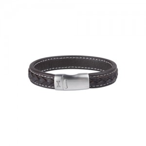 AZE JEWELS LEREN ARMBAND BRUIN LEREN WIT GESTIKTE STRENG MET STALEN SLUITING 21CM - 80999 - AZ-BL015-B-210