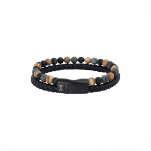 AZE JEWELS LEREN ARMBAND, RANGER PEAK, ZWART LEREN STRENG NATUURSTEEN STRENG GECOMBINEERD 21CM - 82359 - AZ-BL017-A-210