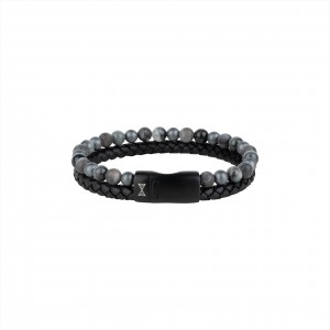 AZE JEWELS LEREN ARMBAND, TRIVOR, ZWART LEREN STRENG NATUURSTEEN STRENG GECOMBINEERD 21CM - 82360 - AZ-BL018-A-210