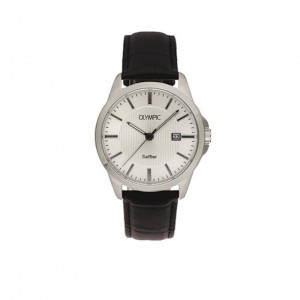 OLYMPIC HORLOGE, BARI, ZWART LEREN BAND STALEN KAST, WITTE PLAAT MET DATUM, SAFFIERGLAS 100M - 78892 - OL26HSL069