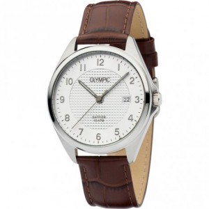 OLYMPIC HORLOGE BRUIN LEREN BAND ENSTALEN KAST, WITTE PLAAT METCIJFERS, DATUM EN SAFFIERGLAS 100M - 79434 - OL26HSL073