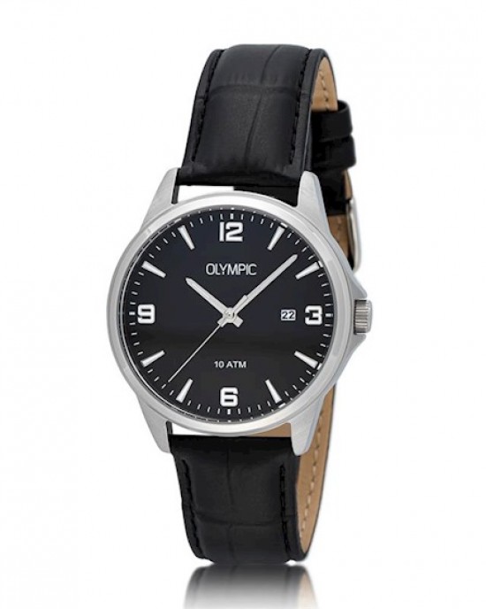 OLYMPIC HORLOGE "GLENN" ZWART LEREN BAND EN STALEN KAST, ZWARTE PLAAT MET CIJFERS EN DATUM 100M - 81101 - OL26HSL079
