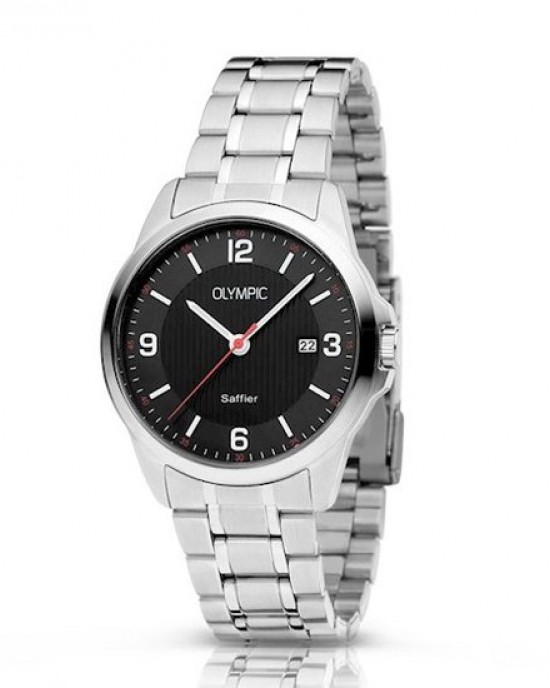 OLYMPIC HORLOGE "BARI" STALEN BAND EN KAST, ZWARTE PLAAT MET CIJFERS, DATUM EN SAFFIERGLAS 100M - 81105 - OL26HSS302
