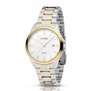 OLYMPIC HORLOGE, THOMAS, BICOLOR STALEN BAND EN KAST, WITTE PLAAT EN DATUM 100M - 81032 - OL26HSS303B