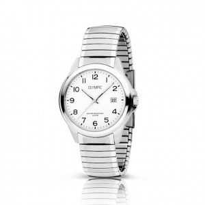 OLYMPIC HORLOGE, CHARLIE, STALEN REKBAND EN KAST, WITTE PLAAT MET CIJFERS EN DATUM 38MM 100M - 80835 - OL26HSS307