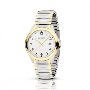 OLYMPIC HORLOGE, CHARLIE,BI-COLOR STALEN REKBAND EN KAST, WITTE PLAAT MET CIJFERS EN DATUM 38MM 100M - 80836 - OL26HSS310B