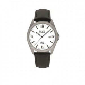 OLYMPIC HORLOGE, BERGAMO, BRUIN LEREN BAND STALEN KAST, WITTE PLAAT MET CIJFERS EN DATUM, SAFFIERGLAS 100M - 78899 - OL26HTL202