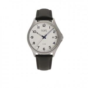 OLYMPIC HORLOGE, FERRARA, ZWART LEREN BAND TITANIUM  KAST MET BESCHERMDE KROON, WITTE PLAAT MET BLAUWE CIJFERS EN DATUM 100M - 78931 - OL26HTL212