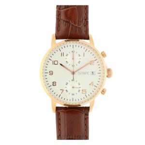 OLYMPIC HORLOGE BRUIN LEREN BAND EN ROSE KAST, CREME PLAAT MET DATUM 40MM100M - 83912 - OL66HRL010-02