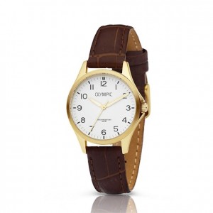 OLYMPIC HORLOGE, ROBIN , BRUIN LEREN BAND EN DOUBLE KAST, WITTE PLAAT MET CIJFERS EN DATUM 29MM 100M - 80837 - OL72DDL003
