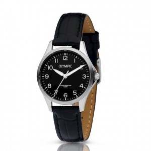 OLYMPIC HORLOGE, ROBIN , ZWART LEREN BAND EN STALEN KAST, ZWARTE PLAAT MET CIJFERS EN DATUM 29MM 100M - 80838 - OL72DSL046