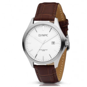OLYMPIC HORLOGE, ROBIN , BRUIN LEREN BAND EN STALEN KAST, WITTE PLAAT MET DATUM 100M - 82031 - OL72HSL067