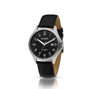 OLYMPIC HORLOGE, ROBIN , ZWART LEREN BAND EN STALEN KAST, ZWARTE PLAAT MET CIJFERS EN DATUM 40MM 100M - 80840 - OL72HSL069