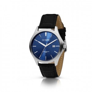 OLYMPIC HORLOGE, ROBIN , BRUIN LEREN BAND EN STALEN KAST, BLAUWE PLAAT MET CIJFERS EN DATUM 100M - 80841 - OL72HSL070