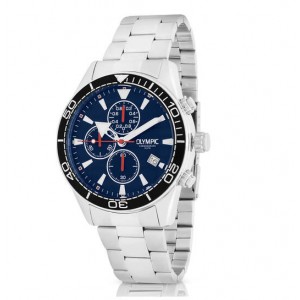 OLYMPIC HORLOGE, ADAM, STALEN BAND EN KAST MET ZWARTE BEZEL, BLAUWE PLAAT MET DATUM 44MM 100M - 83914 - OL72HSS284