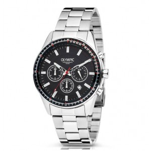 OLYMPIC HORLOGE, MASON, STALEN BAND EN KAST MET ZWARTE BEZEL, ZWARTE PLAAT MET DATUM 44MM 100M - 83915 - OL72HSS287