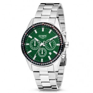 OLYMPIC HORLOGE, MASON, STALEN BAND EN KAST MET ZWARTE BEZEL, GROENE PLAAT MET DATUM 44MM 100M - 83916 - OL72HSS288