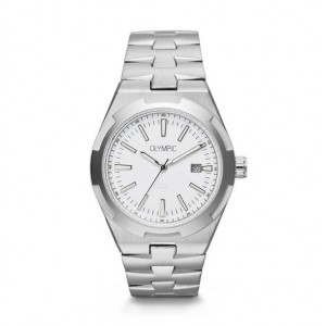 OLYMPIC HORLOGE, LEGACY, STALEN BAND EN KAST, WITTE PLAAT MET DATUM EN SAFFIERGLAS 41MM 100M - 83917 - OL75HSS004
